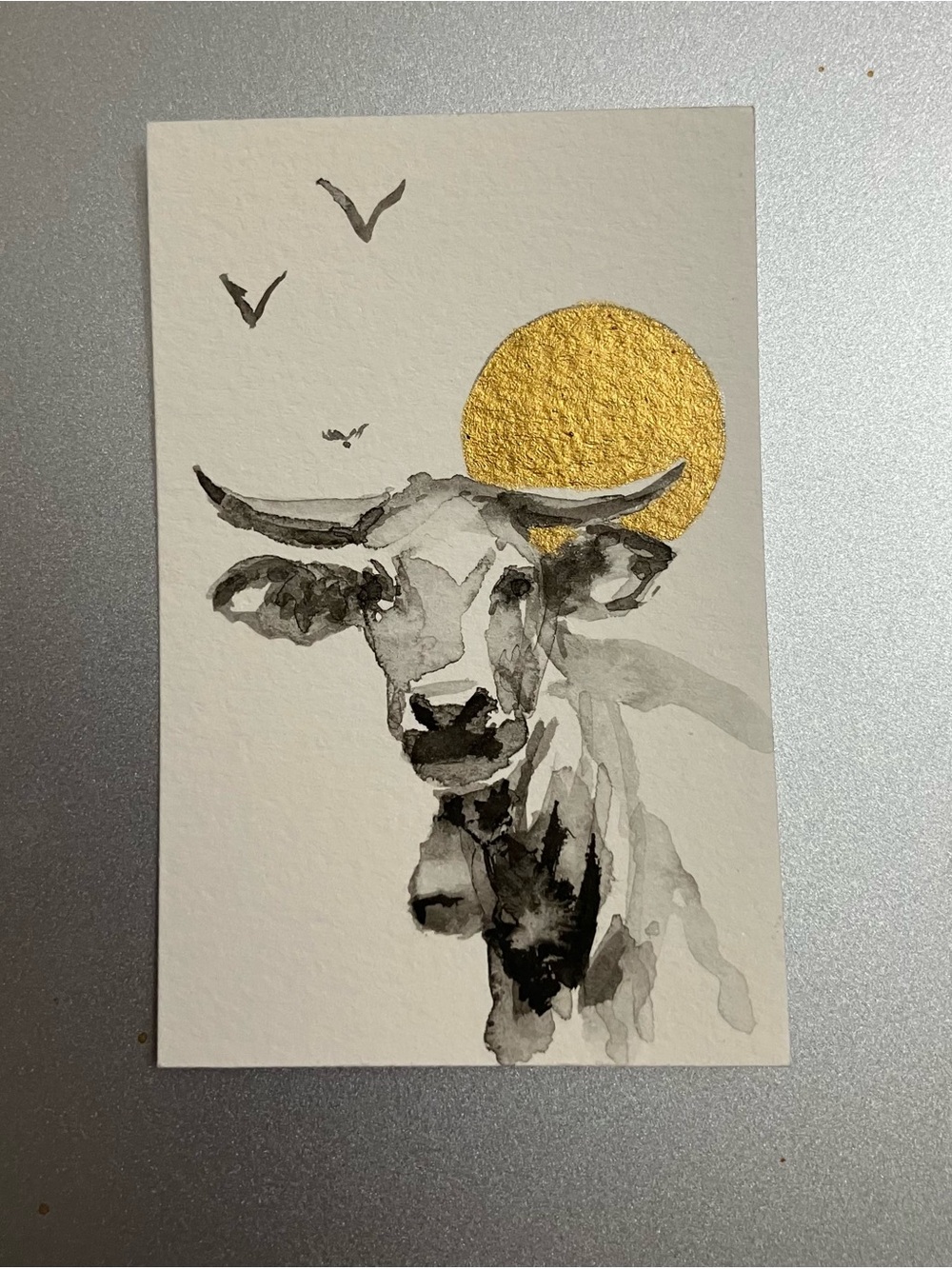 Original cow miniature realism painting sumi-e style art farm gold accents USA
